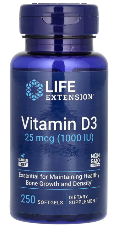 Vitamin D3, 25 mcg (1,000 IU), 250 Softgels Life Extension