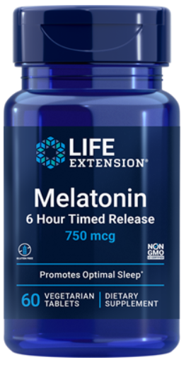 Melatonin, 6 Hour Timed Release, 750 mcg, 60 Vegetarian Tablets Life Extension