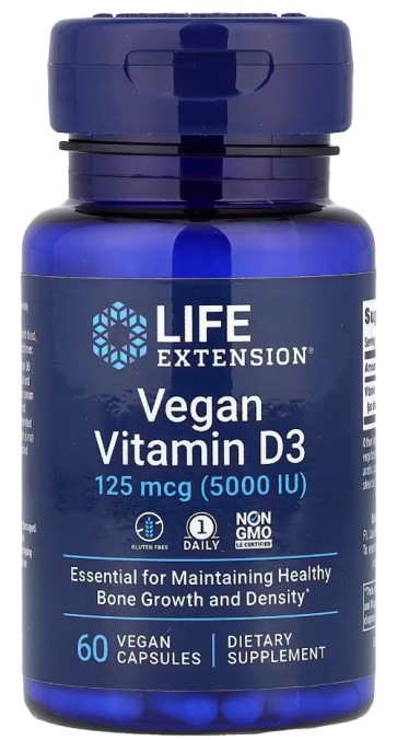 Vegan Vitamin D3, 125 mcg (5000 IU), 60 Vegan Capsules Life Extension